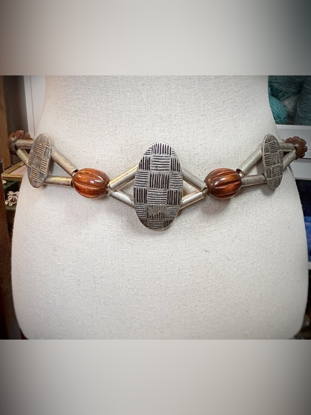 Vintage 70s Italian Brutalist Link Belt – Carved Wood & Textured Metal Statement